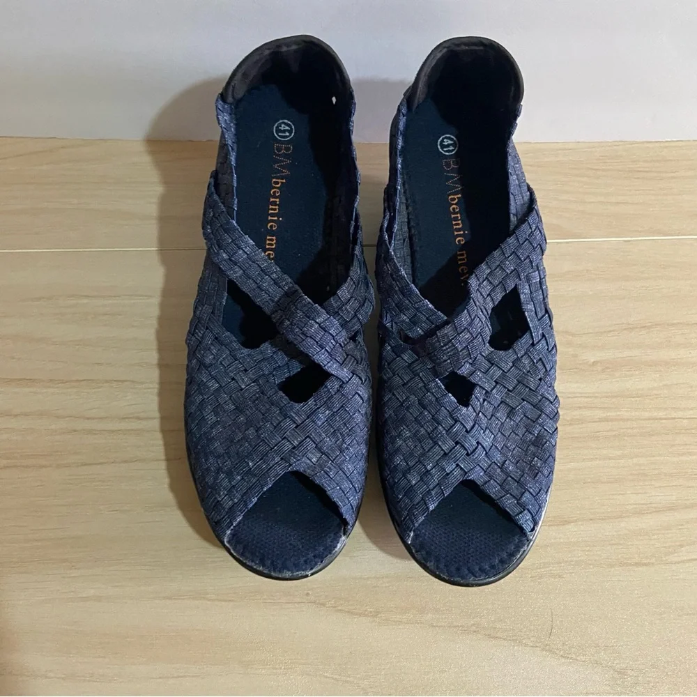 Bernie Mev. Wedge Sandals Sz 41 10 Drake Blue Woven Mary Jane Shoes Boho Comfort